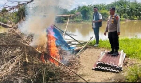 Polsek Tanjung Pura Kembali Bakar Sarang Narkoba, Kali ini di Desa Teluk Bakung
